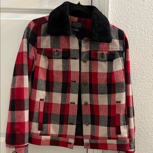 Red and Black Plaid Jacket with Faux Fur Collar